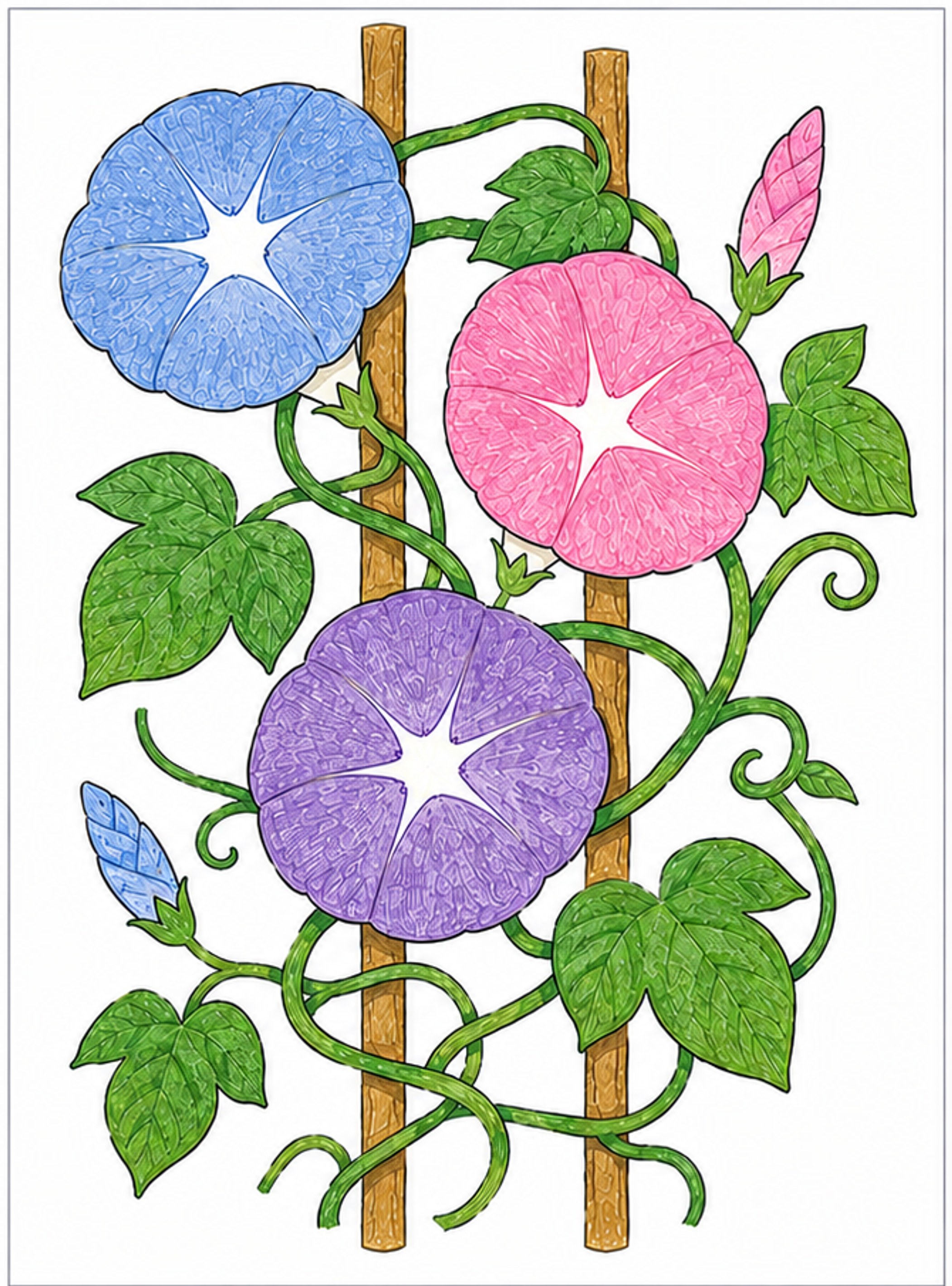 夏の朝顔 完成見本イラスト(支柱にからみつく朝顔の花・つぼみ・葉・つる)