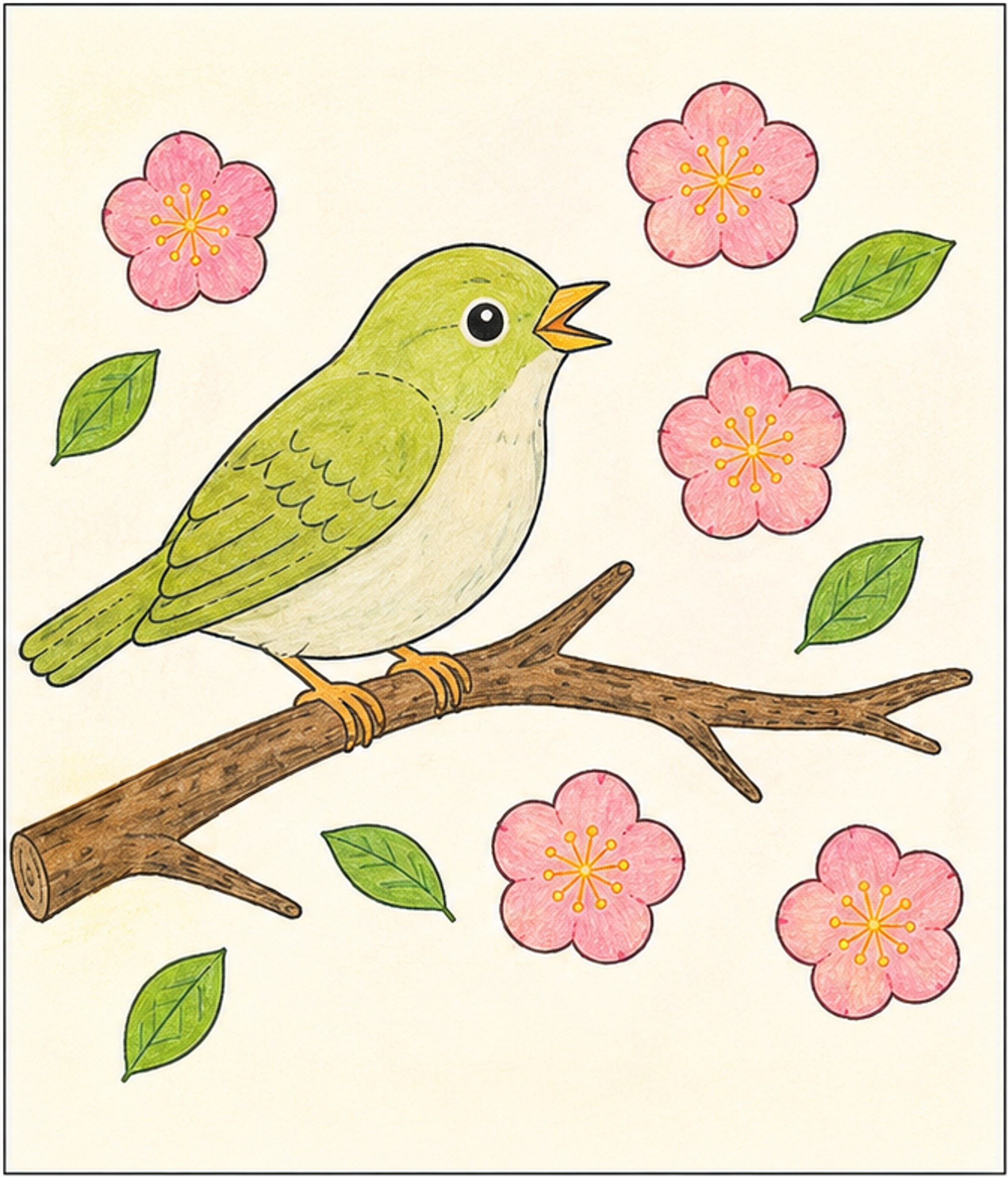 春のうぐいす 完成見本イラスト(梅の枝にとまるうぐいすと梅の花・葉っぱ)